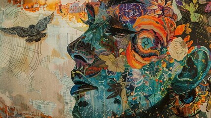 Vibrant artistic portrait showcasing color and emotion in a floral style, evoking creativity and beauty in modern art.