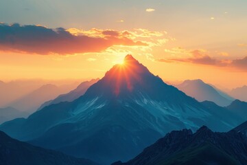 Capture a photo of the sun rising behind a mountain peak with a telephoto lens to highlight the silhouette. The image should be photorealistic, HDR, with ample copy space, ideal for a banner.






