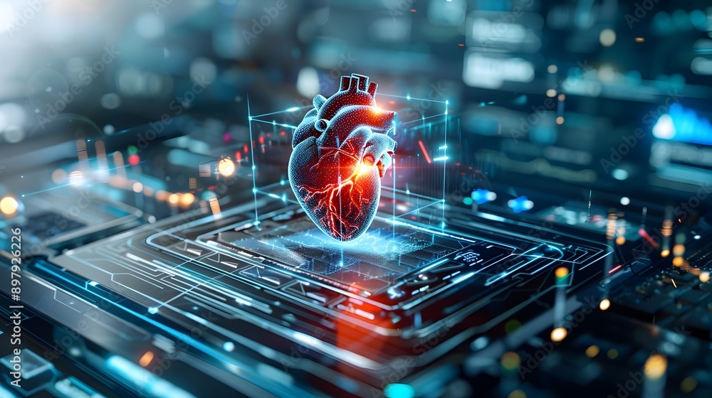 Aufkleber futuristic 3d rendered glowing heart pulsing on digital graph interface with medical and tech concep