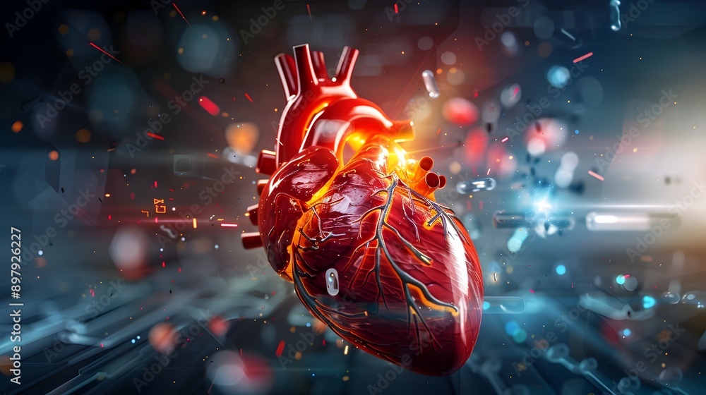 Poster digital visualization of a beating heart with data graph