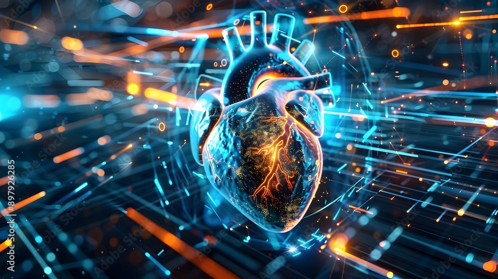 Poster digitally rendered pulsating heart rhythm and vitals monitoring