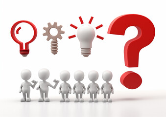 
3D people icon set with question mark, light bulb, gear and exclamation point isolated on white background