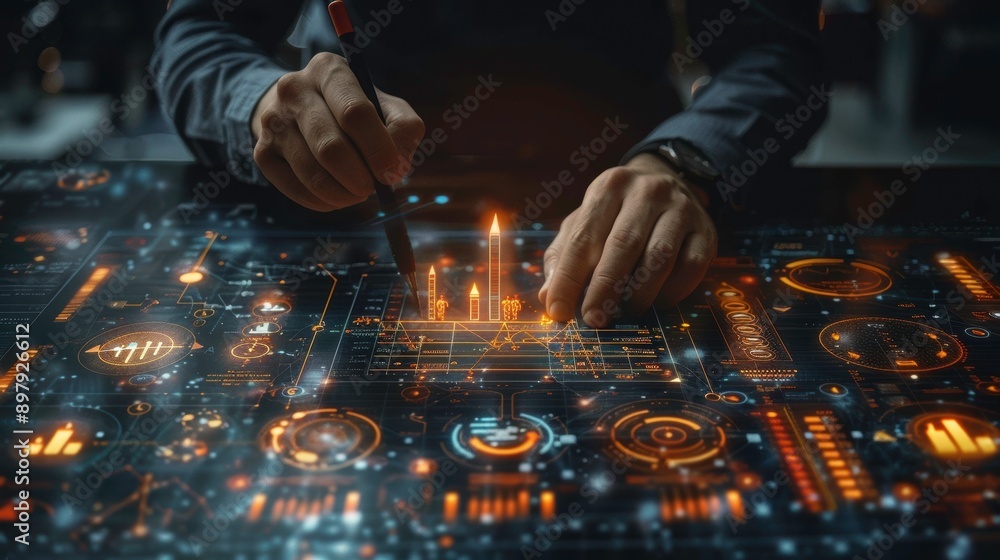 Poster a close-up of hands interacting with a futuristic digital interface, showcasing advanced technology 