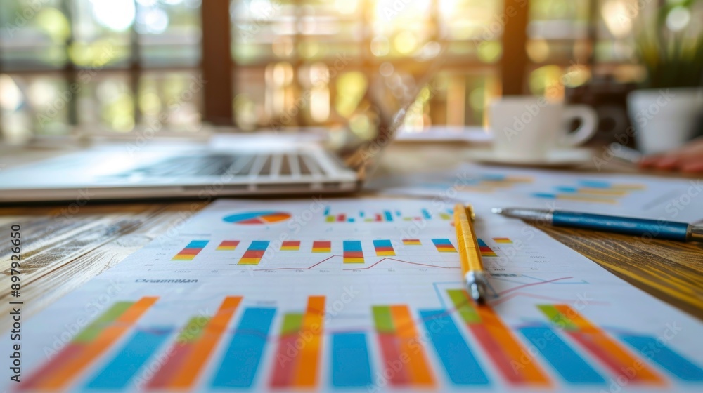 Poster a close-up view of financial graphs and charts on a desk, showcasing data analysis with a laptop and
