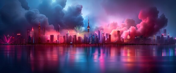 Obraz premium A Modern City Enthusiastically Celebrates Festivals With Breathtaking Fireworks Performances, Painting The Sky With Vibrant Hues And Festive Emotions