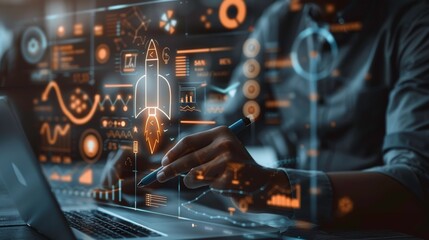 A creative professional designs a digital rocket project on a futuristic interface with graphs and data visualization.