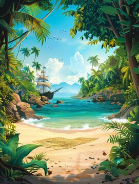Enchanting Adventure Children's Book Cover with Tropical Island, Pirate Ship, and Hidden Treasure Map