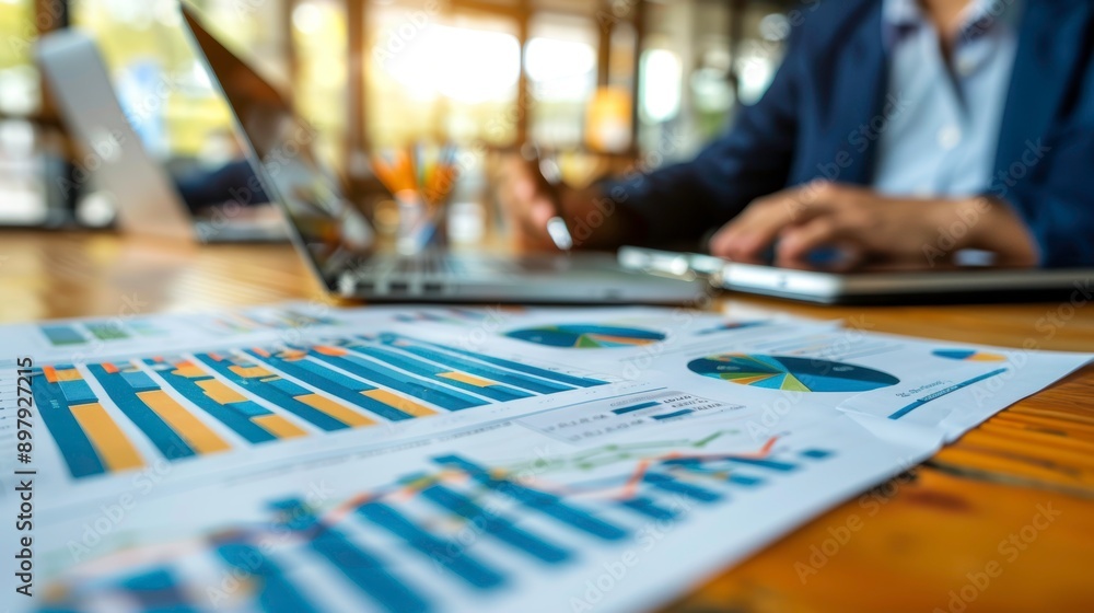 Poster business professional analyzing financial data with graphs and charts on a table, using a laptop in 