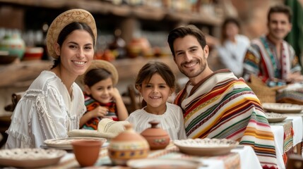 Obraz premium Vibrant Mexican Restaurant with Festive Family Gathering and Colorful Cultural Decor