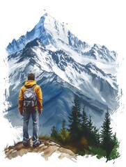 Adventurous Journey in the Mountains - Children's Book Illustration of a Young Explorer Discovering Majestic Snow-Capped Peaks