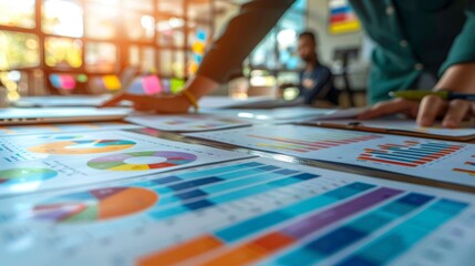 Obraz premium Close-up of hands analyzing colorful graphs and charts on a workspace, depicting data trends and financial statistics.