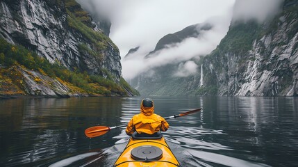 Kayaking through a misty fjord.