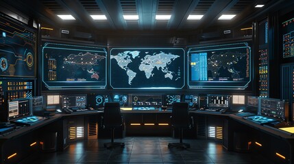 Futuristic control room with computer screens displaying data.