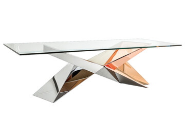 Modern glass and metal coffee table with unique geometric design, perfect for contemporary living spaces and stylish interiors.