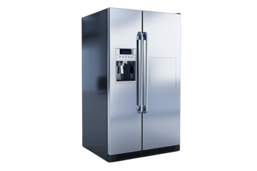 Modern stainless steel side-by-side refrigerator with water and ice dispenser, isolated on white background, suitable for kitchen appliance ads.