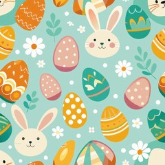 Seamless pattern of Easter eggs and bunnies, Generative AI