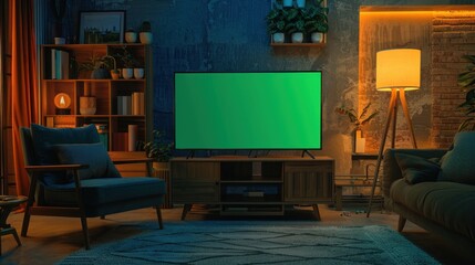 Modern house interior with blank green screen led TV mockup template material background wallpaper AI generated image