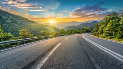 Fototapeta premium Asphalt highway road and mountain with trees natural scenery at sunrise. car sale, automobile, automotive empty space. Background design with blue sky and mountain for product display 