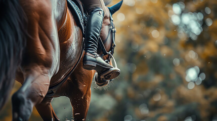 Close Up Of A Rider's Leg And Stirrup On A Brown Horse In Motion