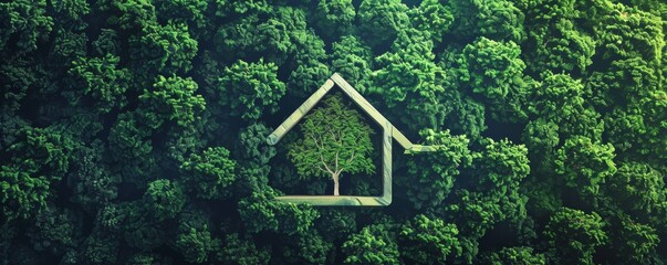 Naklejka premium House shape amidst lush green forest, eco-friendly living concept