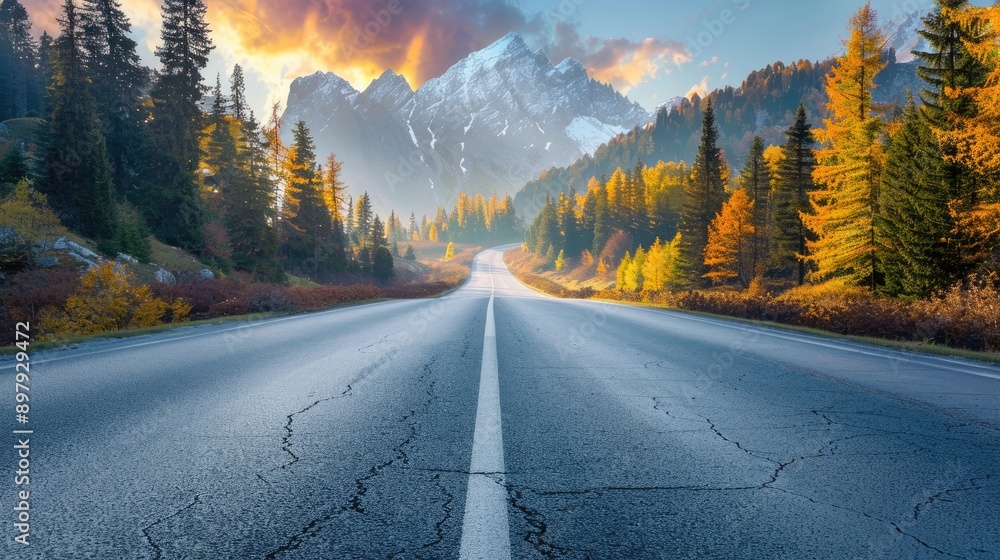 Poster Asphalt highway road and mountain with trees natural scenery at sunrise. car sale, automobile, automotive empty space. Background design with blue sky and mountain for product display 