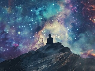 Fototapeta premium Silhouette of Person Meditating on Mountain Peak Under a Starry Night Sky with Colorful Nebula