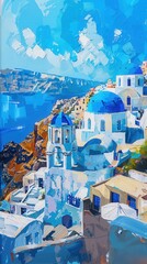 vibrant painting Santorini' iconic blue domes white buildings, capturing beauty Mediterranean coastline.