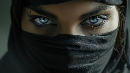 Naklejka premium Female ninja traditional face with cover with deadly gaze background wallpaper AI generated image