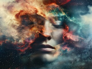 Surreal Digital Art of a Woman's Face Blended with Cosmic Nebula and Stars in a Dreamlike Universe