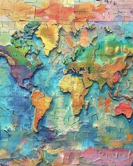 A vibrant, textured world map showcasing rich colors and details, perfect for travel or educational themes.