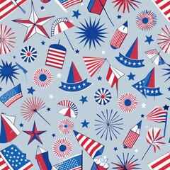 Obraz premium Seamless pattern of Fourth of July fireworks and flags, Generative AI