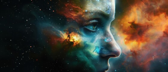 Surreal Digital Art of a Human Face Blended with Cosmic Nebula and Stars in Space