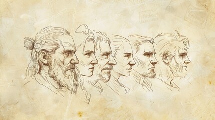 Obraz premium Genesis,The Descendants:Minimalist sketch of the generations of Cain, bold pencil lines on soft beige background biblical illustration, perfect for inspirational wall art.