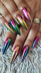 Obraz premium Vibrant and glossy pointed nails showcasing a stunning rainbow chrome finish, perfect for fashion and beauty inspiration.