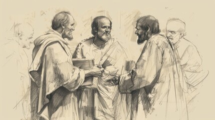 Fototapeta premium Genesis,The Second Journey to Egypt:Modern Bible Wall Art of Brothers Presenting Gifts to Joseph, Bold Pencil Sketch, Minimalist Design, Soft Beige Background Biblical Illustration