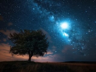 Fototapeta premium Stunning Night Sky with Milky Way and Lone Tree in a Tranquil Field Under a Starry Sky