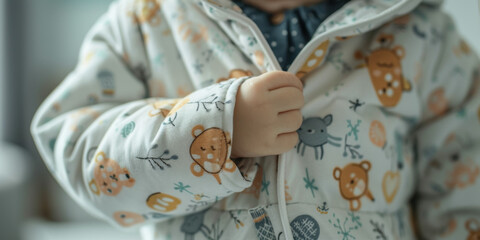 Close-up of a child zipping up a jacket with cute animal patterns, highlighting children's fashion and winter wear.