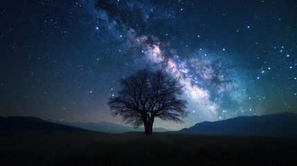 Majestic Night Sky with Milky Way Over Lone Tree in Serene Landscape