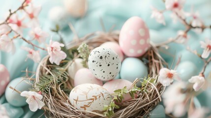Obraz premium A beautiful arrangement of pastel-colored Easter eggs nestled in a decorative nest surrounded by delicate blossoms.