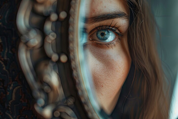 Woman hiding behind a mirror, introspection concept