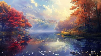 Obraz premium A serene autumn landscape featuring vibrant foliage and a calm lake reflecting the sky, evoking tranquility and natural beauty.