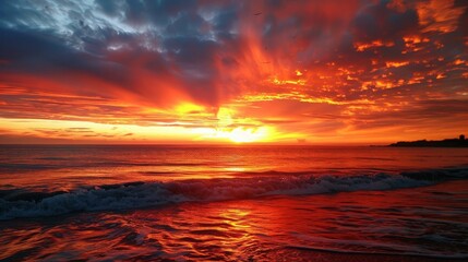 Obraz premium A stunning sunset over the ocean, with vibrant colors reflecting on the water surface and dramatic cloud formations in the sky.