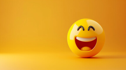 Fototapeta premium World Emoji Day Concept. 3d smiling emoticon or Smiley yellow ball emoji on yellow background. Funny emojis. World smile day emojis. World mental health day. World Laughter Day. Copy space for text