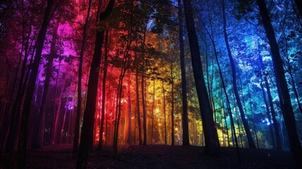 A vibrant, colorful forest showcasing a mesmerizing blend of light and nature, creating a magical atmosphere.