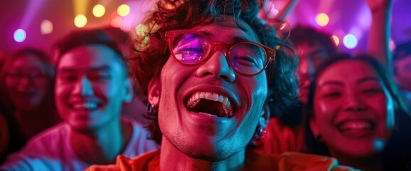 Obraz premium A Happy, Diverse Group Of Asian Friends Takes A Selfie Under Neon Lights At A Party, Capturing The Joyful Moment