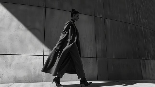 Fototapeta A stylish woman walks confidently along a modern architectural wall, showcasing elegance in monochrome fashion photography.