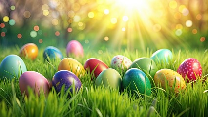 Colorful Easter eggs hidden in grass for an egg hunt, Easter, eggs, holiday, tradition, spring, hunt, colorful, festive