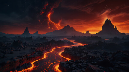 Fototapeta premium A striking illustration of an alien volcanic landscape, with lava flows, glowing magma, and towering rock formations, with space for text.