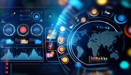 Futuristic interface with world map, graphs and data analysis displayed on virtual screen. Global business and technology concept.