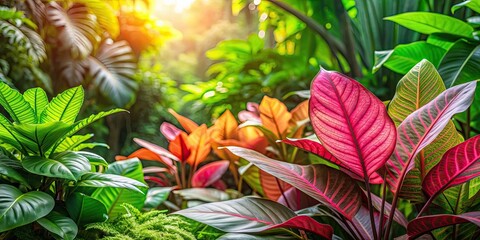 Vibrant tropical leaves with lush greenery and pink foliage in a sunlit garden, tropical, leaves, greenery, pink, foliage, vibrant